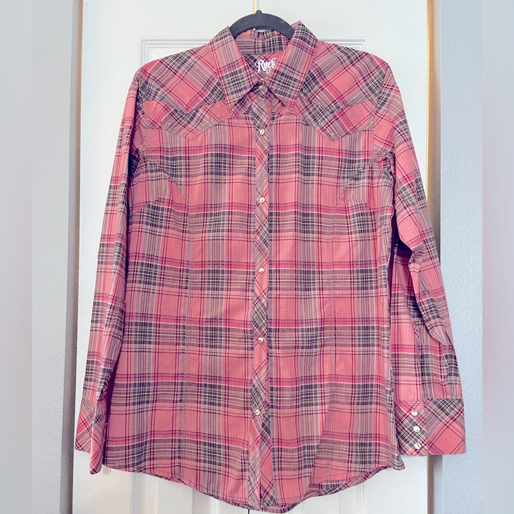 Wrangler Rock 47 pink plaid with rhinestones ladies L shirt